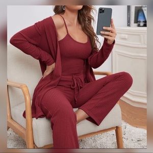 💫 3pc Waffle Knit Cami Top & Pants & Robe PJ Set
